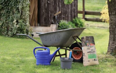 Jardin avec une brouette pour faire un aménagement de jardin.
